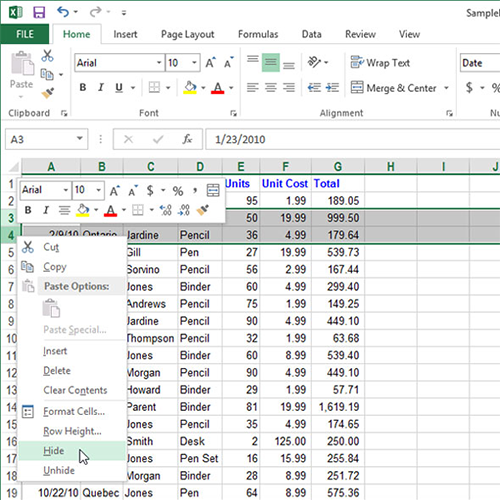 Cách tạm thời ẩn hàng, cột trong Excel 2013
