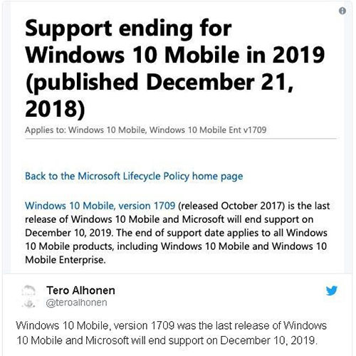 Windows 10 Mobile sẽ chính thức bị khai tử vào tháng 12 năm 2019